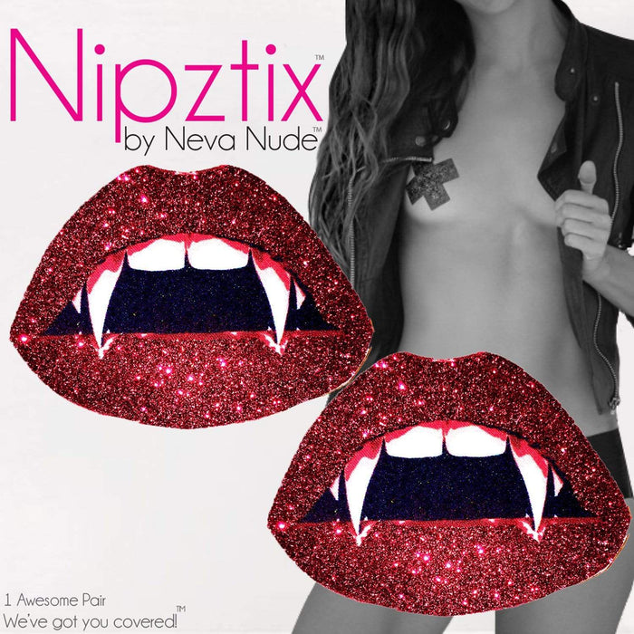 Red glitter vampire lip nipple pasties with fangs that glow under blacklight for Halloween