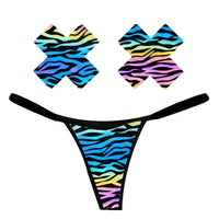 Standalone view of zebra print reflective pastie and pantie lingerie set with rainbow reflective stripes