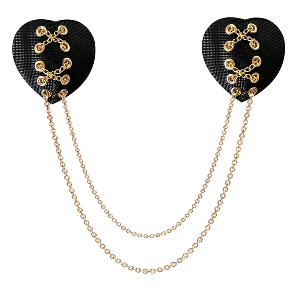Black stitched heart gold chain nipple pasties, showing the color, finish and shape of the design