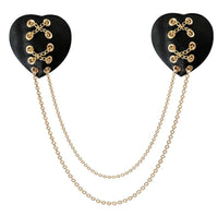 Black stitched heart gold chain nipple pasties, showing the color, finish and shape of the design