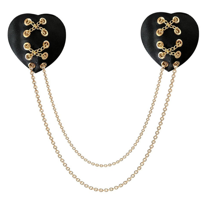 Black stitched heart gold chain nipple pasties, showing the color, finish and shape of the design