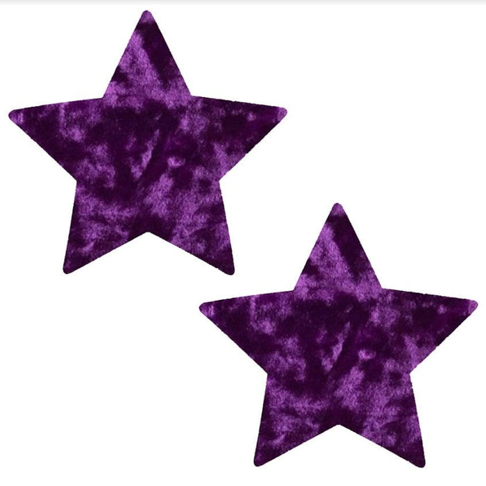 Dark purple velvet star nipple pasties, showing the color, finish and shape of the design
