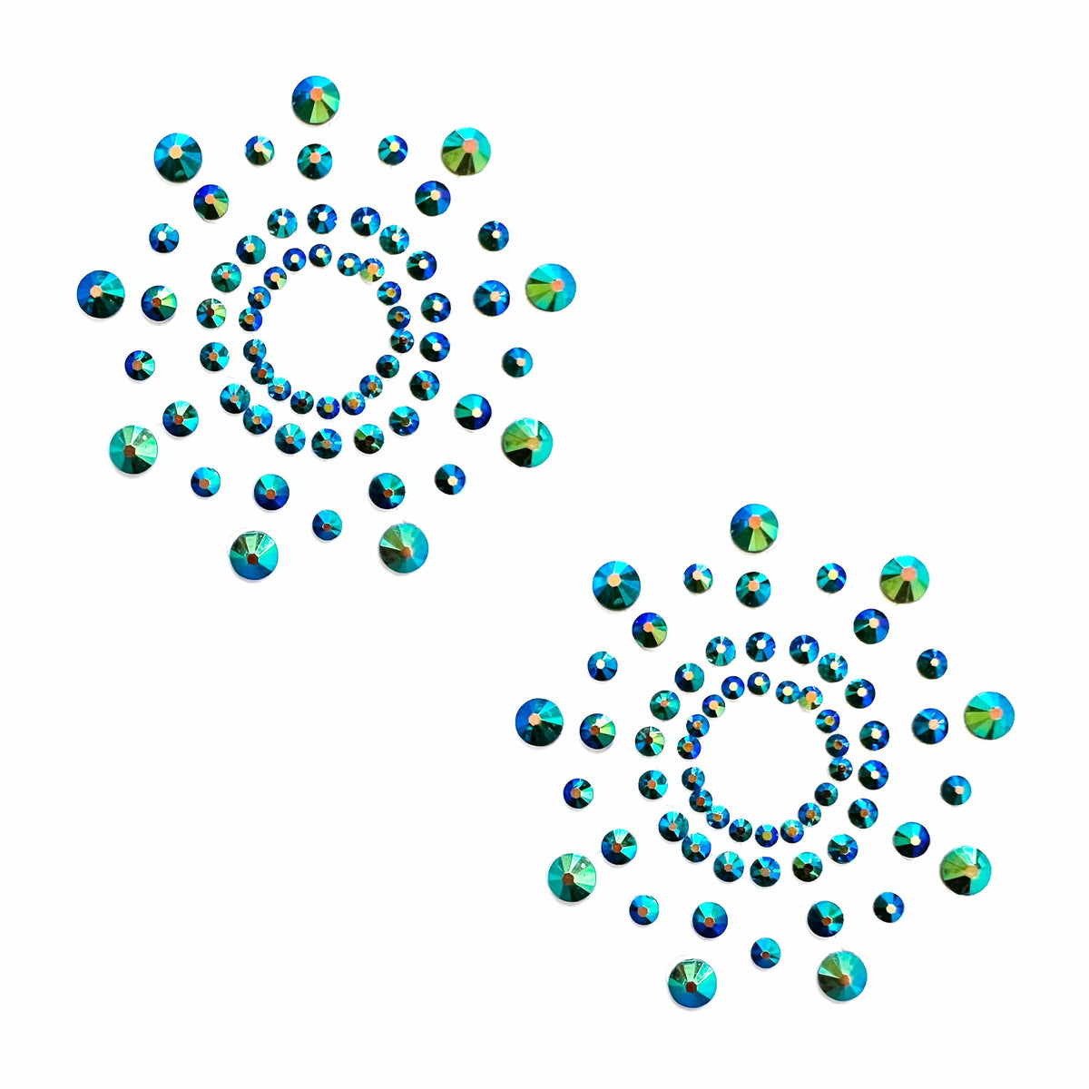 Green blue holographic crystal beam nipple pasties, showing the color, finish and shape of the design