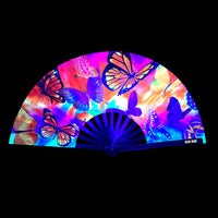 Orange sunset butterfly blacklight folding fan, showing the color, finish and shape of the design