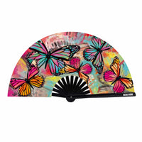 View of the multicolor butterfly blacklight folding fan showing the overall design and color