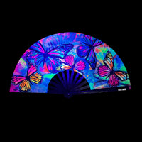 Multicolor butterfly blacklight folding fan, showing the color, finish and shape of the design