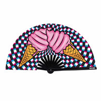 View of the pink ice cream checkered blacklight folding fan showing the overall design and color