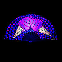 Pink ice cream checkered blacklight folding fan, showing the color, finish and shape of the design