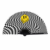 The yellow checkered melty face blacklight folding fan design with its colors and finish clearly visible