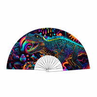 UV reactive neon dinosaur folding fan opened wide to show the full prehistoric print