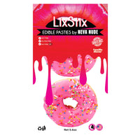Round pink frosted donut edible nipple covers topped with colorful candy sprinkles