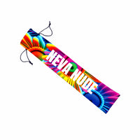 Large folding hand fan covered in bright neon daisies in pink, orange, yellow and blue