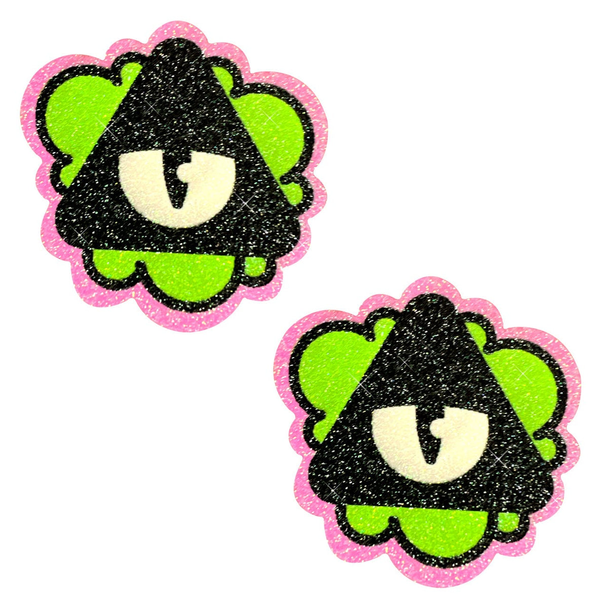 Sparkly third eye nipple covers in green and pink glitter with a mystic eye design