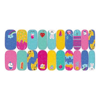 Pastel glitter bunny and panda stick on nails with donuts and clouds for a cute party