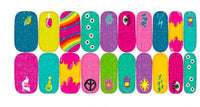 Rainbow glitter UFO and flower stick on nails for a retro party manicure