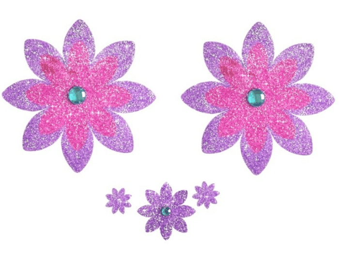 Purple shimmer glitter blossom nipple pasties for a sweet spring fling look