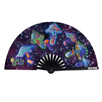 UV reactive magic mushroom folding fan opened wide to show the colorful design