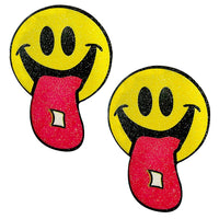 Yellow glitter smiley face nipple pasties with a bright acid rave party vibe