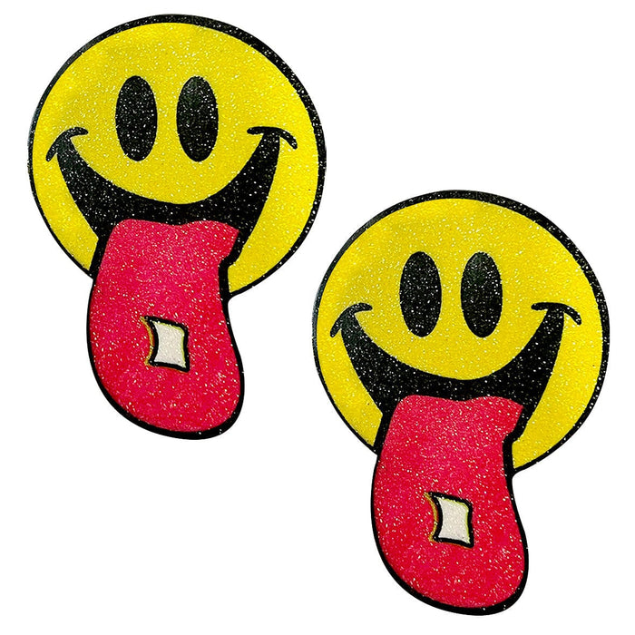 Yellow glitter smiley face nipple pasties with a bright acid rave party vibe