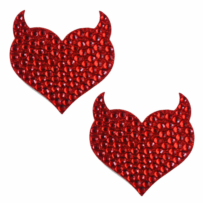 Red rhinestone devil heart nipple pasties with glittering jewel detail