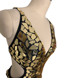 Gold mirrored mesh bodysuit sparkling with reflective squares for party nights