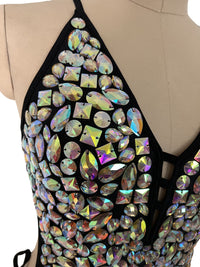 Shiny black crystal one piece with rainbow prism jewels for festival nights