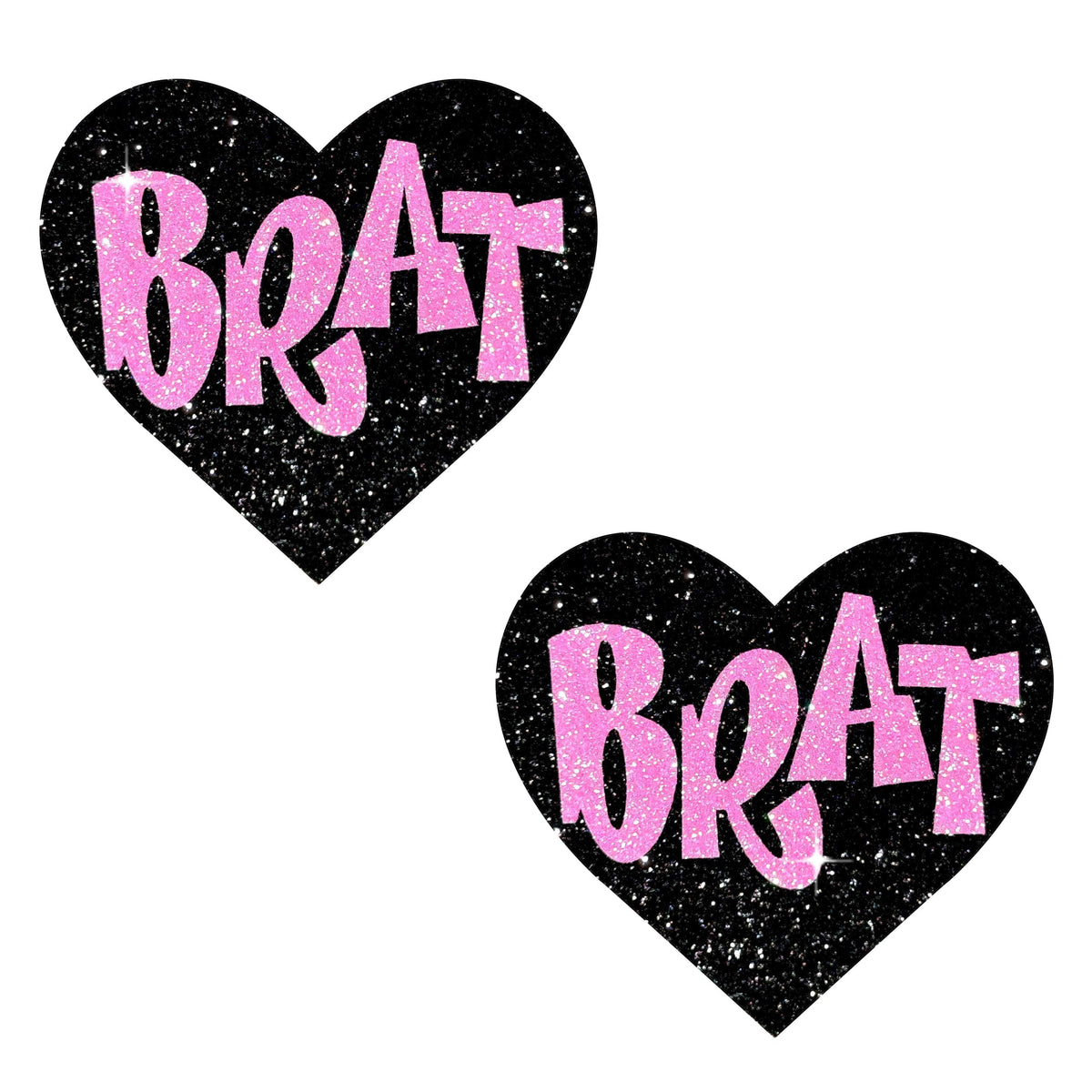 Sparkly pink glitter heart nipple pasties with sassy text for a rave party