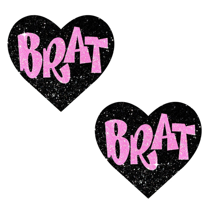 Sparkly pink glitter heart nipple pasties with sassy text for a rave party