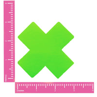Neon green glossy wet vinyl X shaped nipple pasties that glow under blacklight