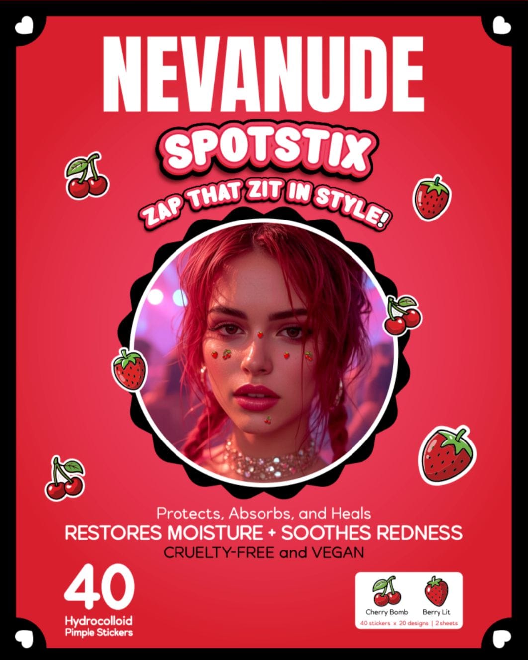 Fruity hydrocolloid acne cover patches shaped like cherries and strawberries