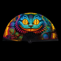 Neon grinning cat blacklight folding fan for a whimsical wonderland themed rave