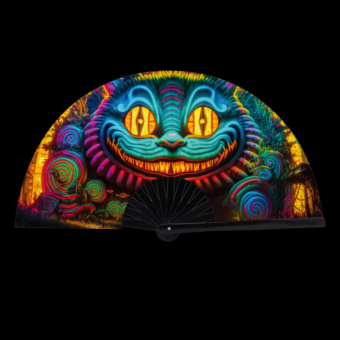 Neon grinning cat blacklight folding fan for a whimsical wonderland themed rave