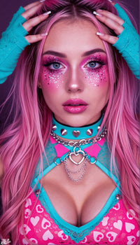 Neon pink UV reactive cosmetic glitter in aloe gel for rave face makeup