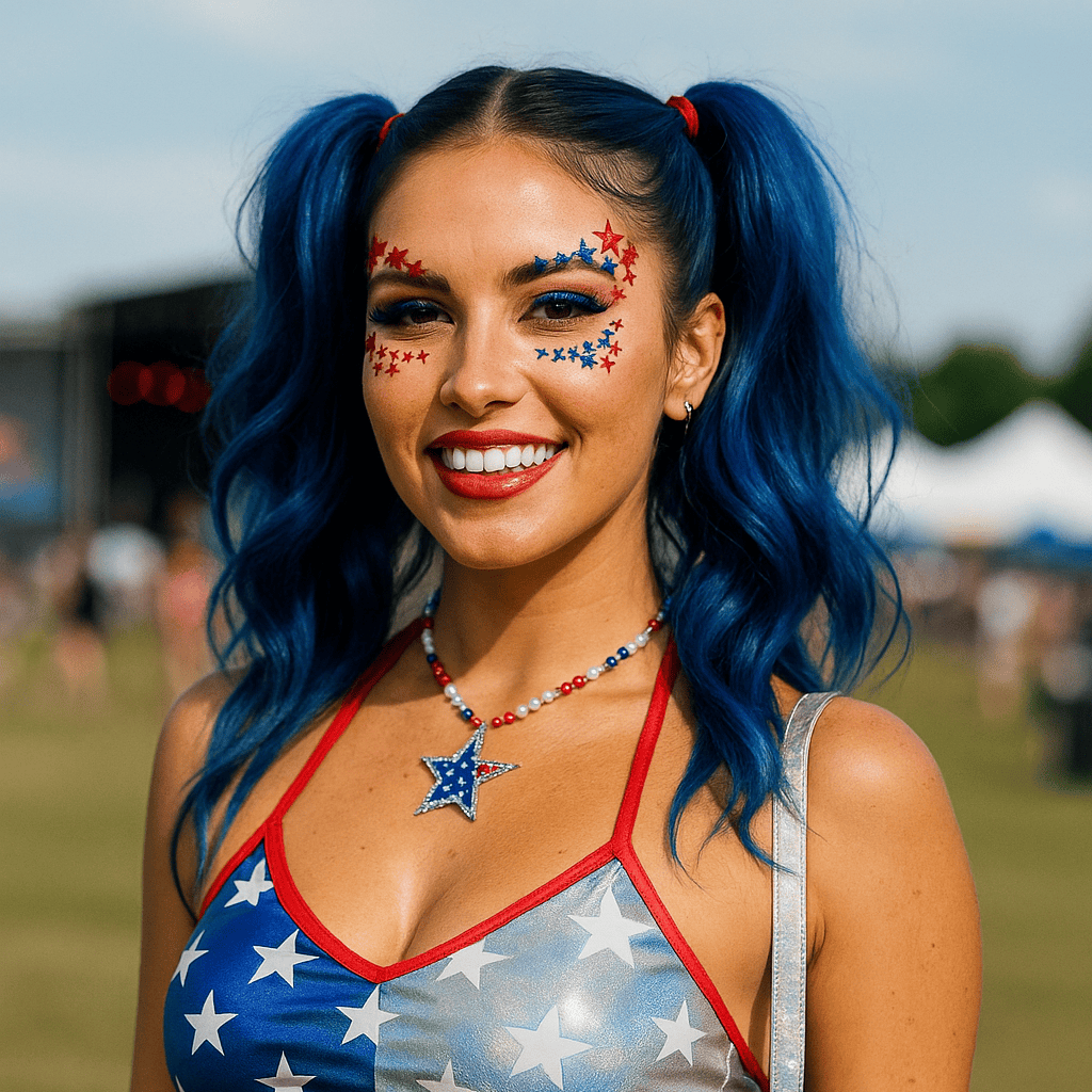 Sparkling red and blue rhinestone star face gems for a holiday costume look
