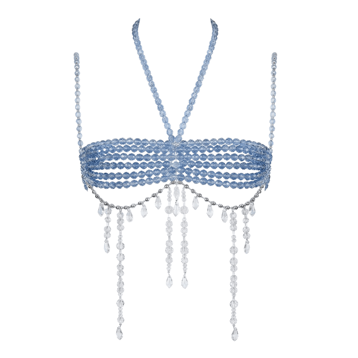 Aqua clear beaded backless carnival top with shimmering translucent beads