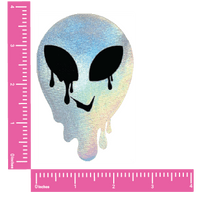 Standalone product shot of the silver holographic melty alien nipple pasties