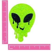 Lemon lime glitter melty alien nipple pasties, showing the color, finish and shape of the design