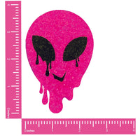 Pink glitter watermelon melty alien nipple pasties, showing the color, finish and shape of the design