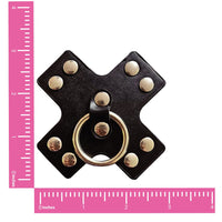Black leather studded X silicone nipple pasties, showing the color, finish and shape of the design