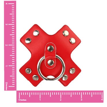 Standalone product shot of the red leather studded X silicone nipple pasties