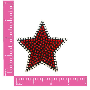 Front view of red and black crystal star reusable silicone pasties with the full design visible