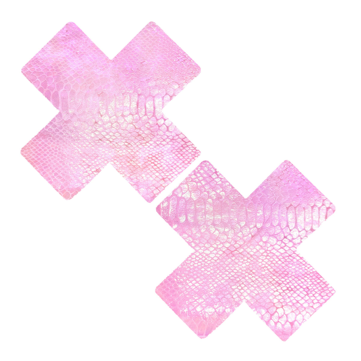 Baby pink blacklight snake skin X nipple pasties with iridescent scales