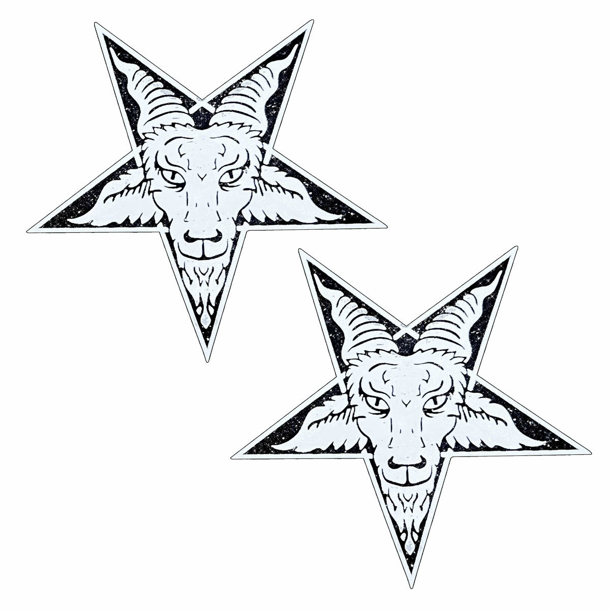 White glitter horned goat nipple pasties with a gothic star design for Halloween