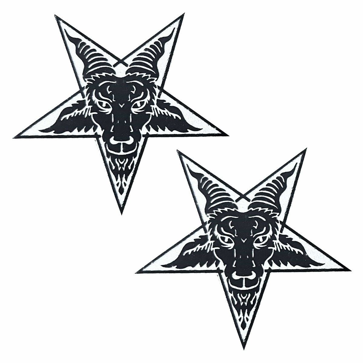 Black glitter horned goat nipple pasties with an occult star for witchy Halloween