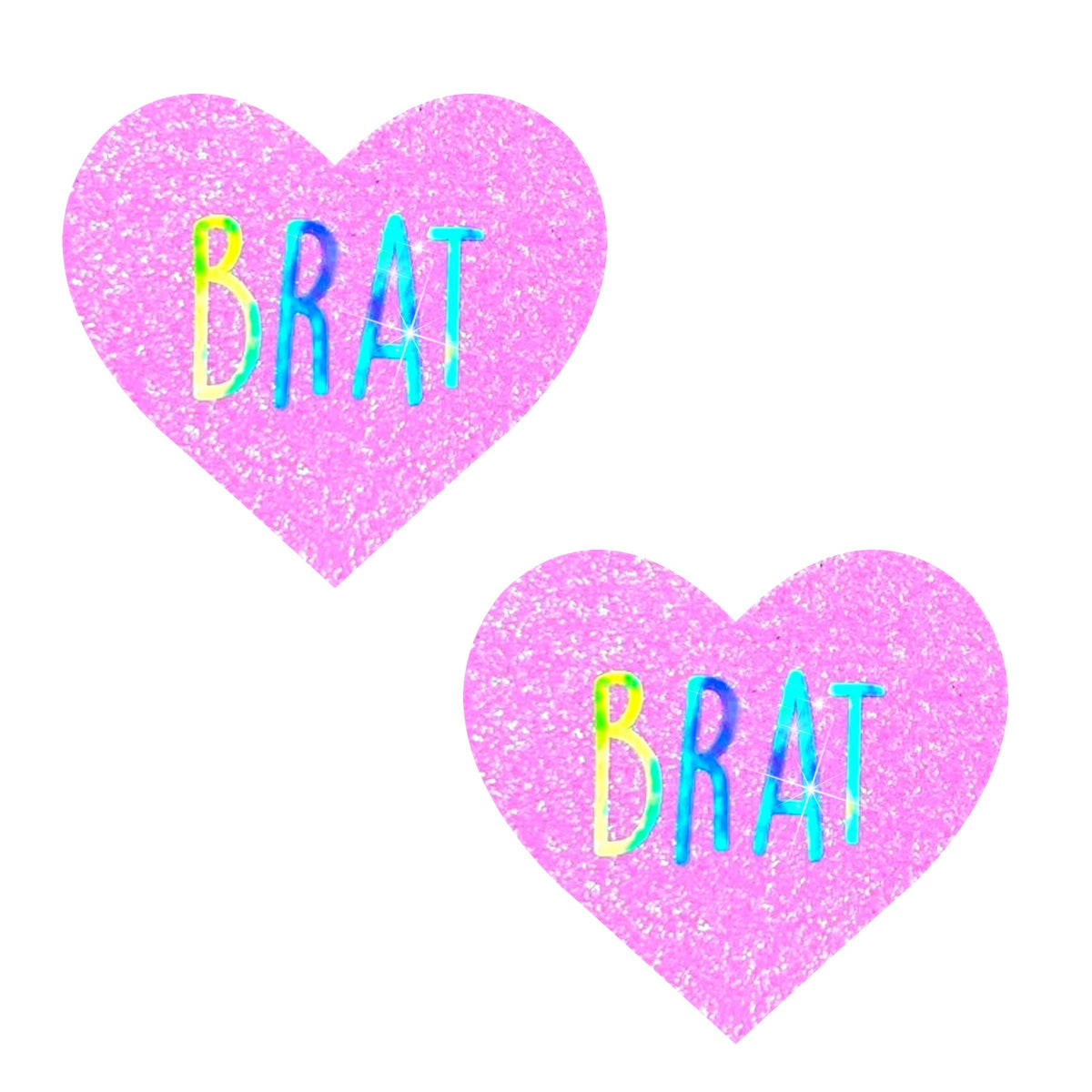Light pink holographic heart nipple pasties with sassy lettering for rave girls