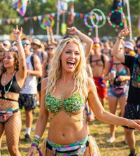 Moss green beaded bra top with shimmering bead fringe for rave parties