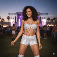 Clear beaded backless carnival bra with an aurora iridescent shimmer