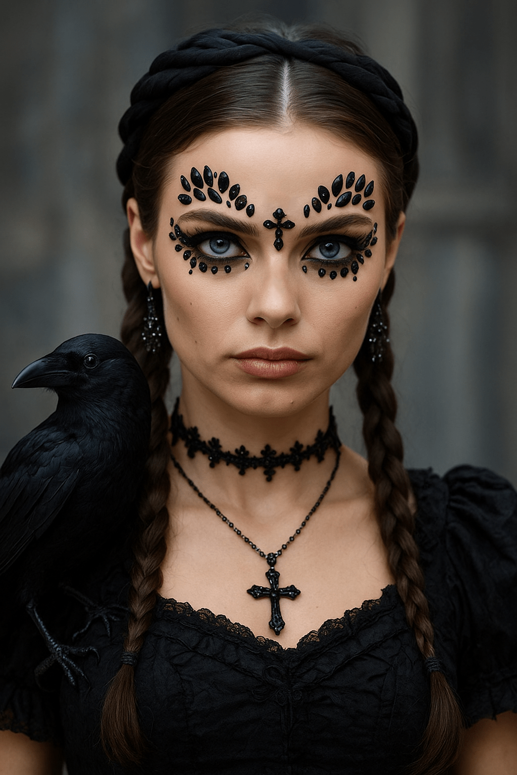 Black iridescent crucifix crystal face jewels for a dark gothic Halloween costume
