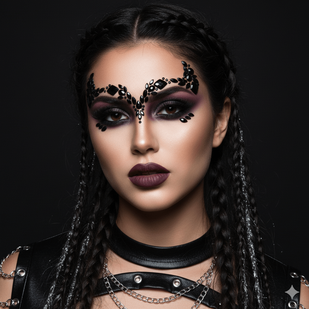 Black crystal jewel villain queen face sticker, showing the color, finish and shape of the design