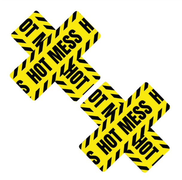 Yellow and black caution tape blacklight X nipple pasties for a hot mess costume